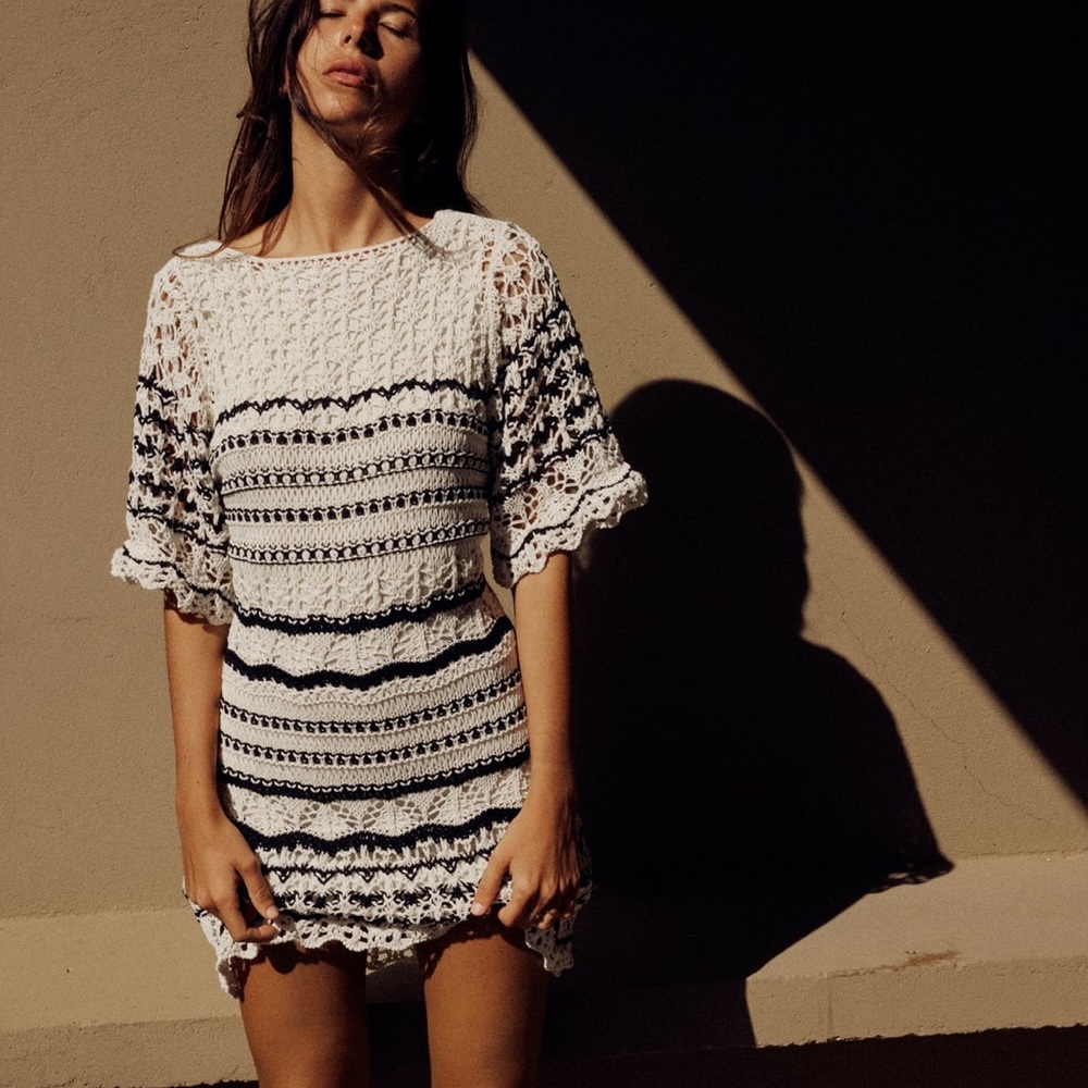 NWT Zara Crochet Knit Back V-Neckline Mini Dress Sz:M